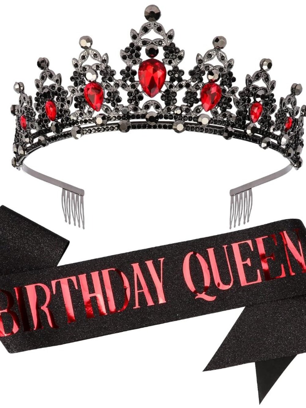 Red Black Birthday Queen Tiara and Sash Set, Rhinestone Birthday Crown Black Par